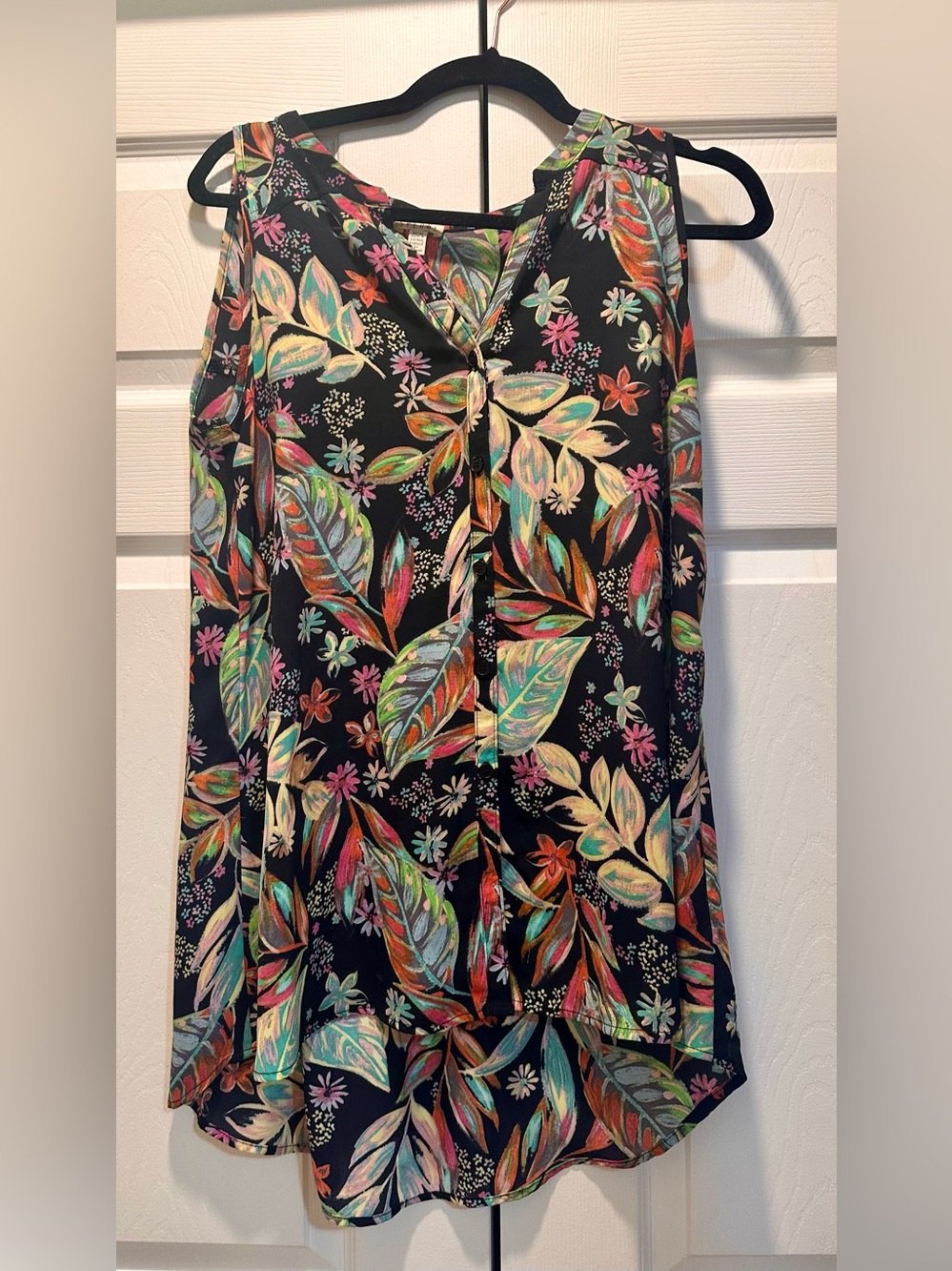 Spense Black Multi Floral Leaf Print Tunic High-Low Top Size Medium